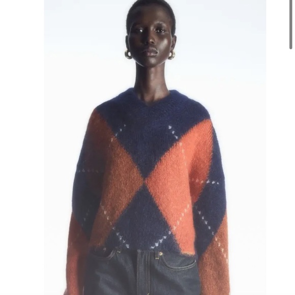 COS Women’s Navy Cropped Mohair Argyle Pullover Sweater Size S - Picture 3 of 12